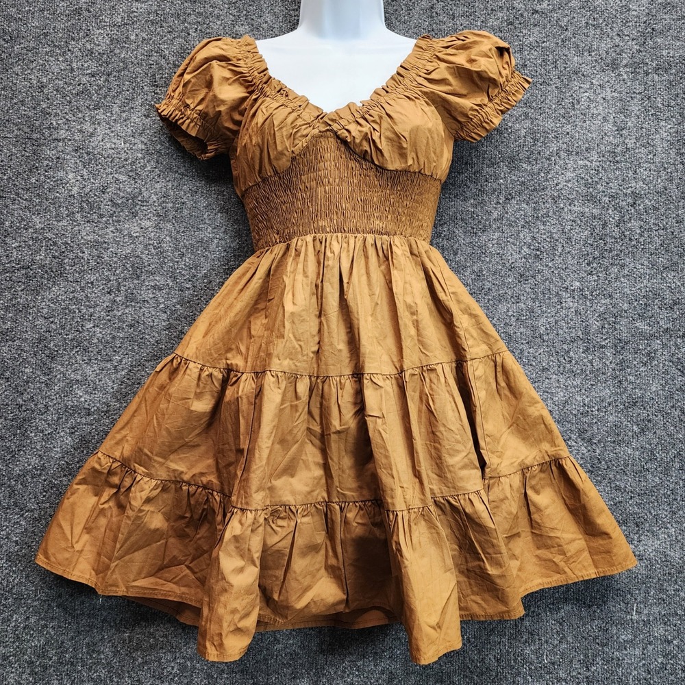 Princess Polly Womens Cottagecore Smocked Puff Sleeve Tiered Cotton Mini Dress 2